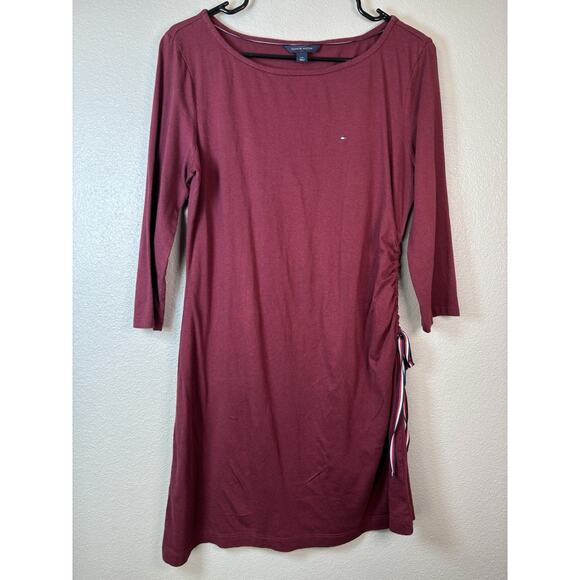 Tommy Hilfiger Women's Red Maroon T Shirt Dress‎ 3/4 Sleeves Side Ruching Large - Picture 1 of 8
